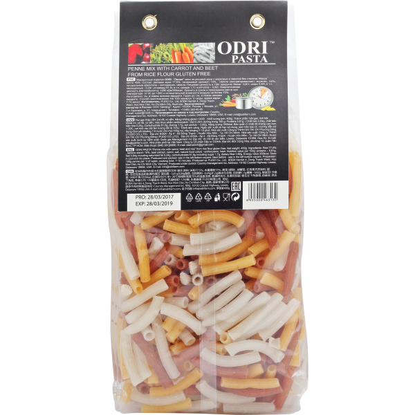 Безглютеновая паста ODRI пенне микс (с морковью, со свеклой и рисовая) (12 пакетов х 400г)